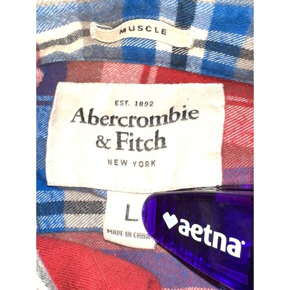 Abercrombie Fitch Mens Large Red Plaid Muscle Shirt Cotton Long Sleeve - Picture 8 of 12